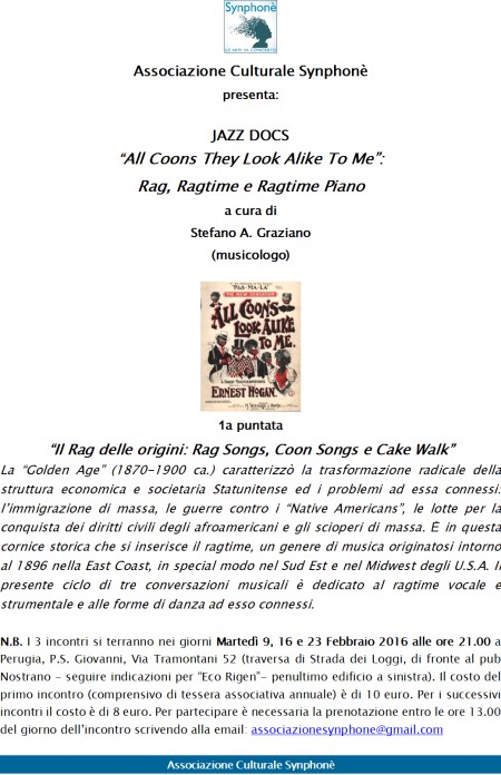 JAZZ DOCS: “ALL COONS THEY LOOK ALIKE TO ME”: RAG, RAGTIME E RAGTIME PIANO” A CURA DI STEFANO A. GRAZIANO (MUSICOLOGO)